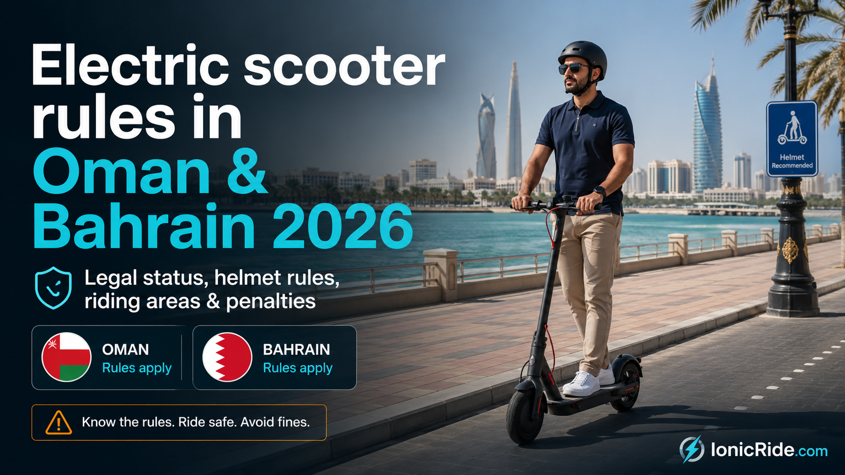 Electric scooter rules in Oman and Bahrain 2026 overview Infographic comparing electric scooter rules in Oman and Bahrain 2026, showing Oman's main-road restriction and Bahrain's internal-road 25 km/h framework