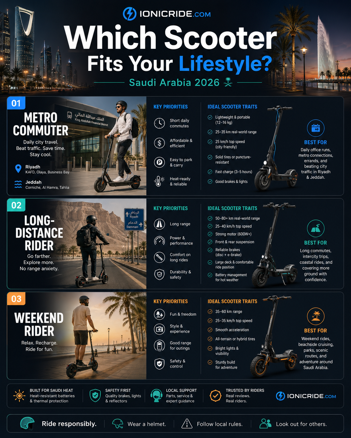 Comparison chart of lightweight, long-range, and premium commuter electric scooters for Saudi Arabia, comparing portability, range, comfort, power, repairability, and best use case.