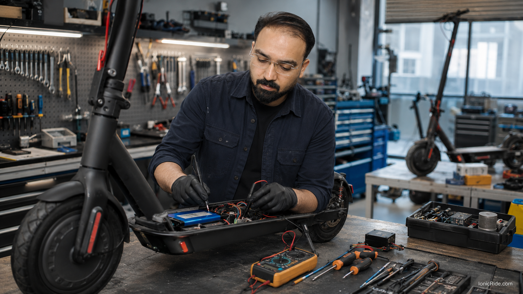 Electric scooter repair workshop in Dubai with an opened scooter on the bench
