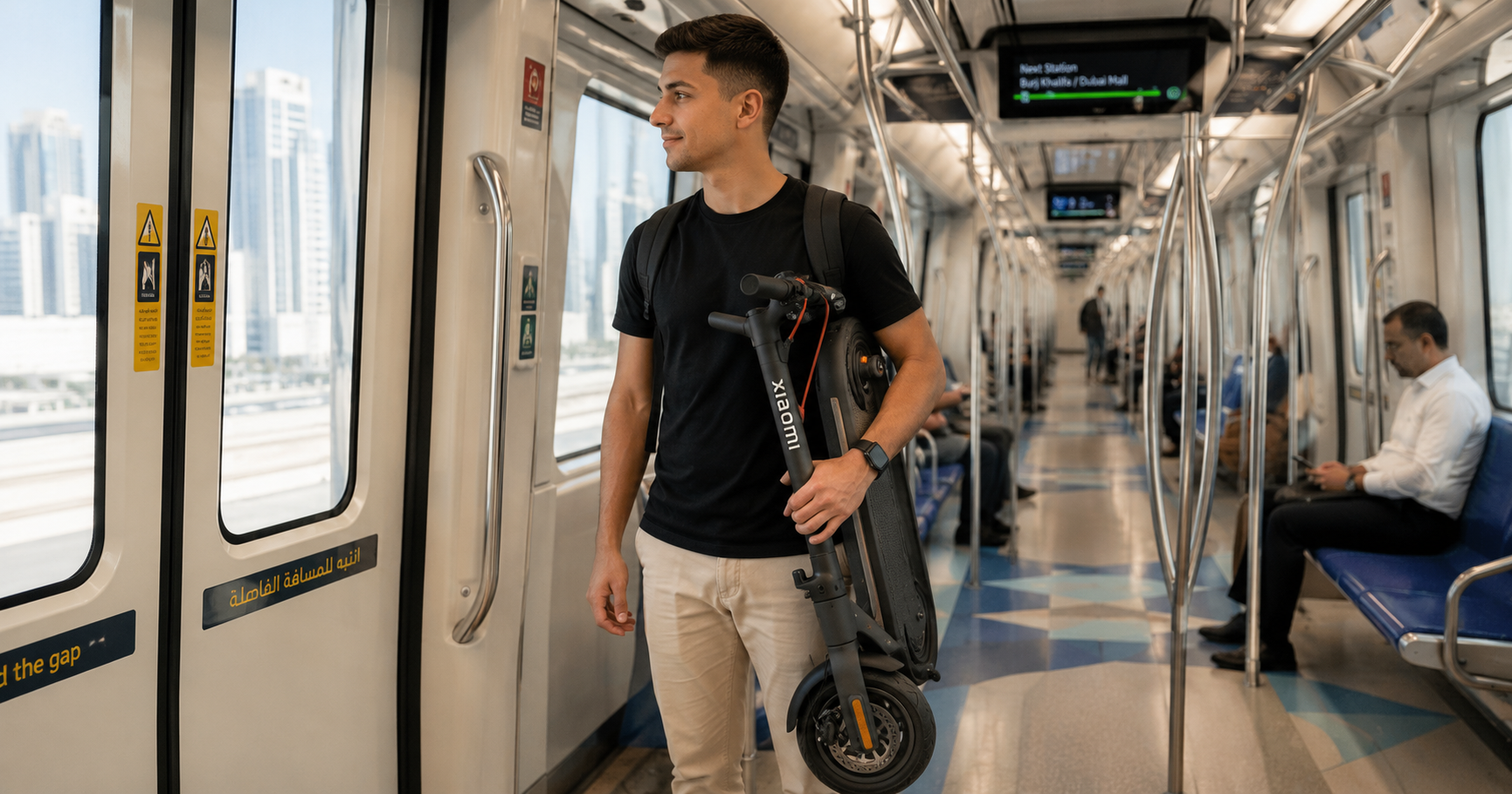 Xiaomi 4 Pro Folded on Dubai Metro E-Scooter Carry Test 2026 Xiaomi Electric Scooter 4 Pro folded and carried inside Dubai Metro in 2026