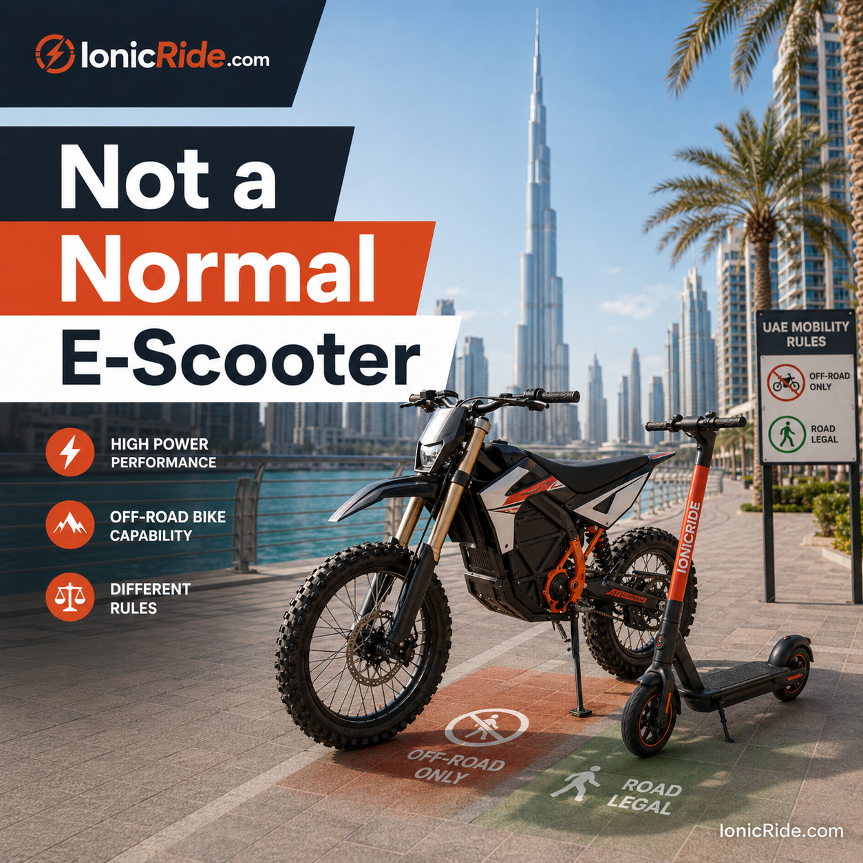 Electric Dirt Bike vs E-Scooter UAE Rules Electric dirt bike vs e-scooter rules in the UAE showing why Sur-Rons are classified as motorcycles