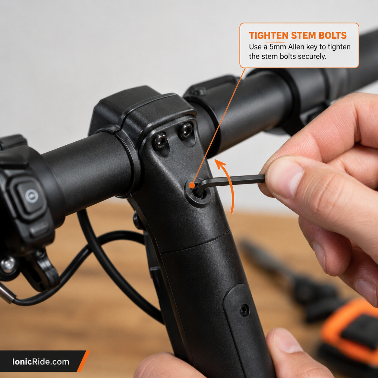 Electric Scooter Handlebar Bolts Tightening Tightening electric scooter handlebar bolts with an Allen key during first setup