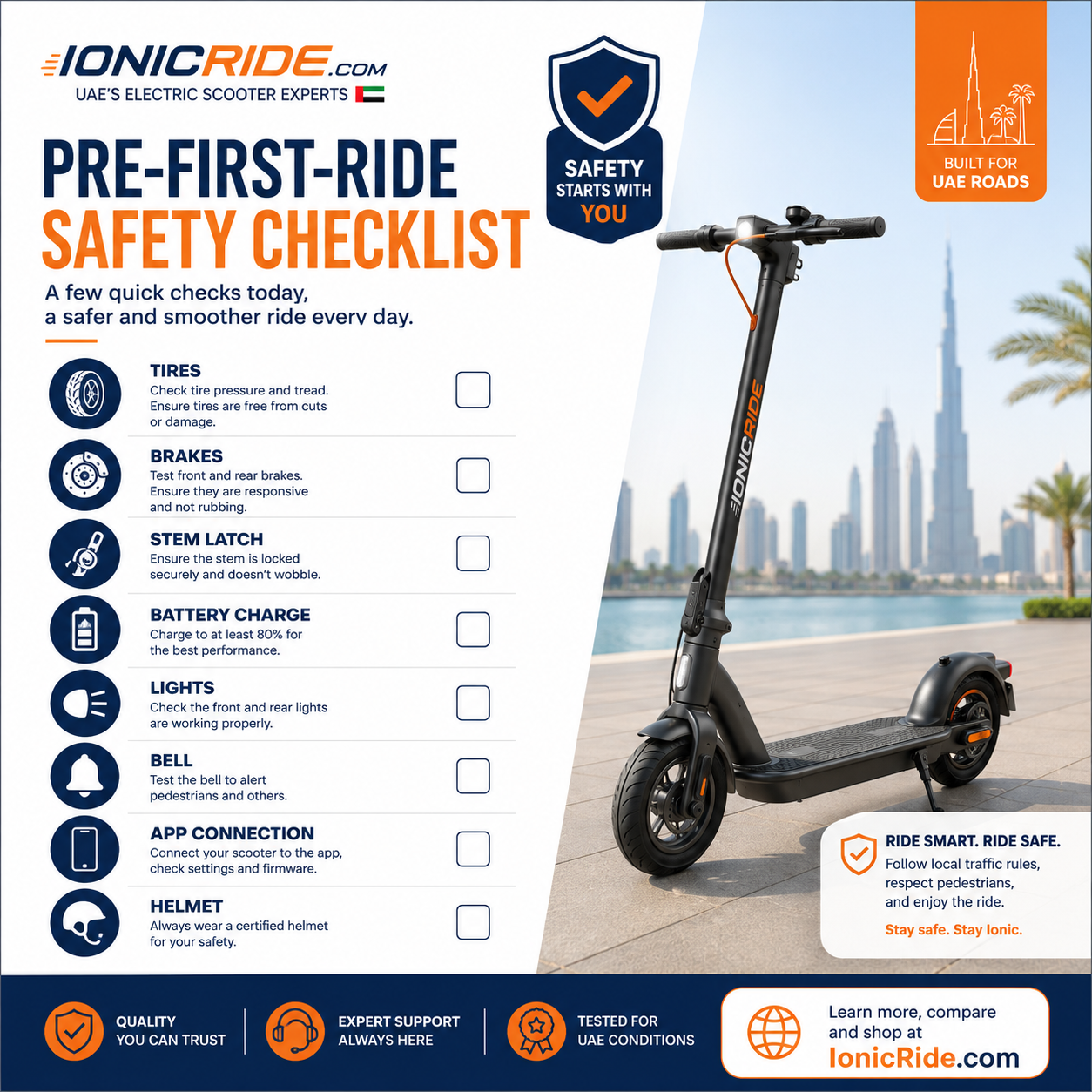 Electric Scooter Pre First Ride Checklist Electric scooter pre first ride checklist for brakes tyres stem lock battery lights and throttle