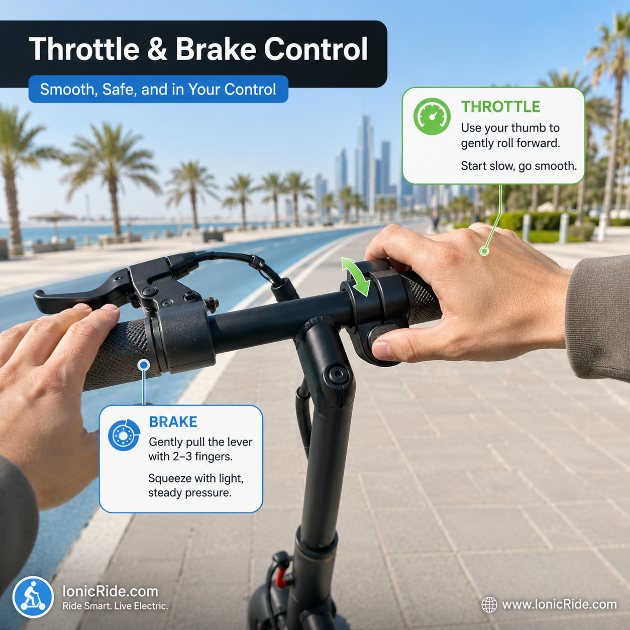Electric Scooter Throttle and Brake Control Electric scooter throttle and brake control technique for beginners showing smooth acceleration and safe braking