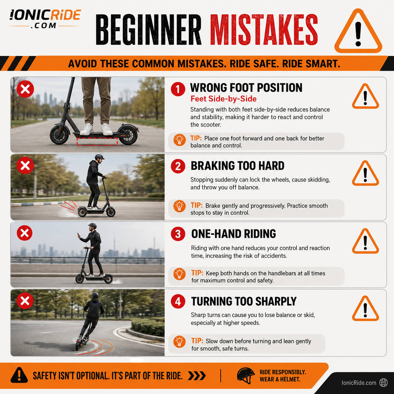 Electric Scooter Beginner Mistakes Common electric scooter beginner mistakes including throttle jabbing, front brake grabbing and wrong stance