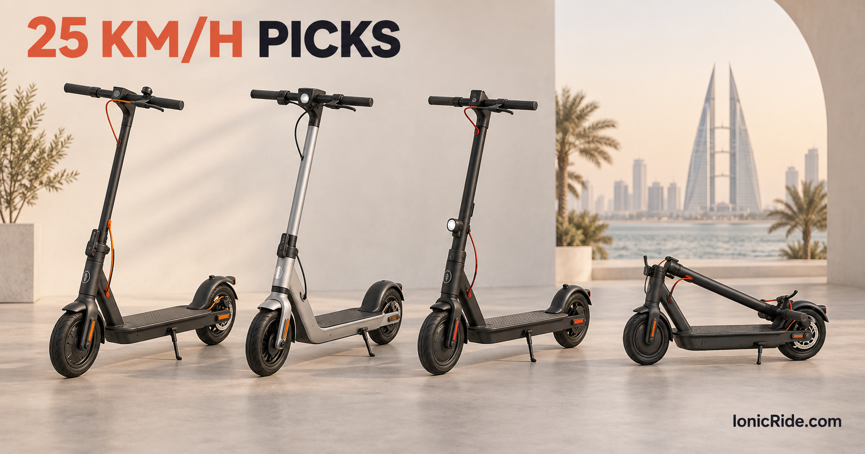 25 km/h compliant electric scooters Bahrain Four commuter-style electric scooters shown for a 25 km/h Bahrain comparison