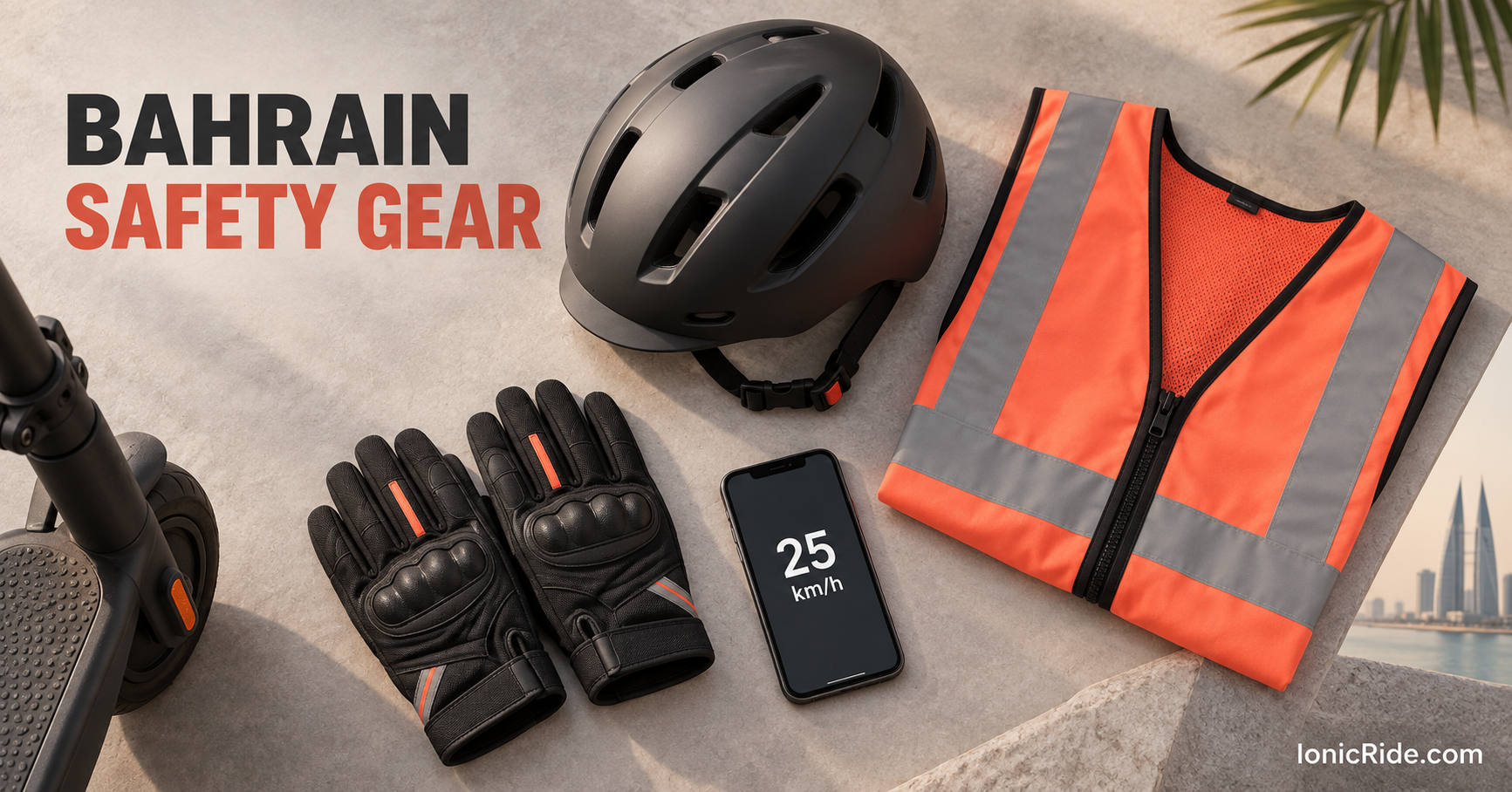 Bahrain e-scooter safety gear 2026 Helmet plus recommended reflective vest and gloves for safer electric-scooter riding in Bahrain