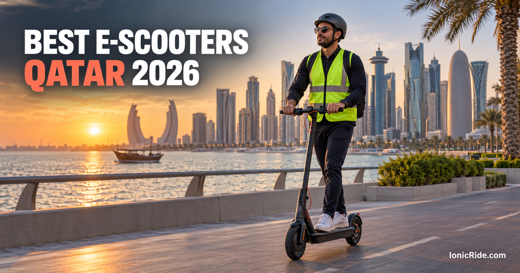 Best electric scooters in Qatar 2026 — rider with helmet on a Doha cycle path