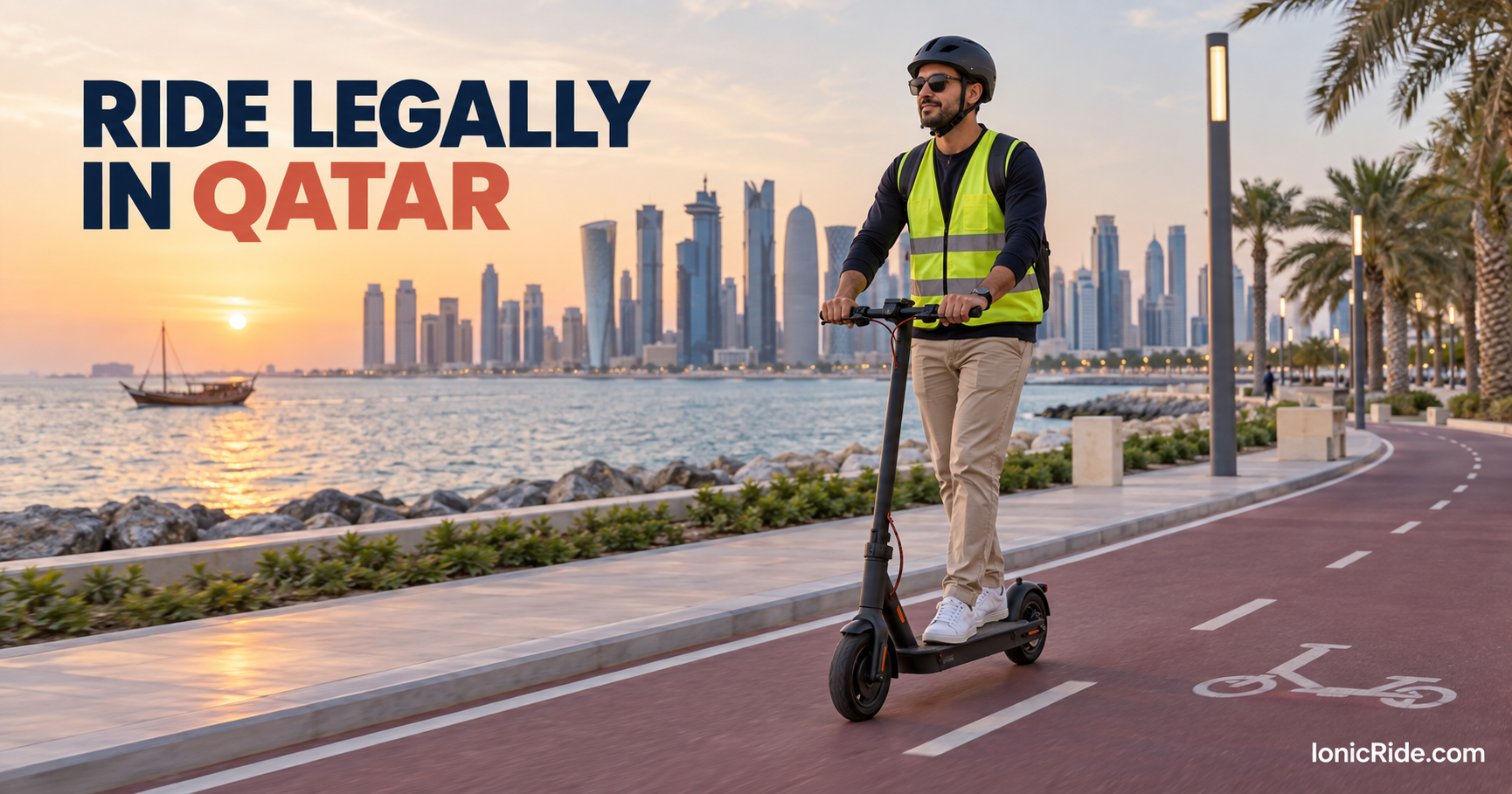 Rider using an electric scooter on a Doha path with helmet and reflective vest