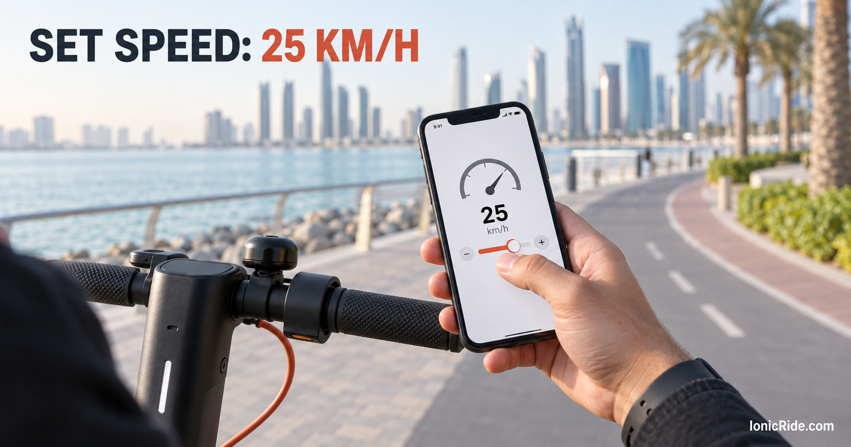 Set e-scooter to 25 km/h Bahrain Illustration of setting an electric scooter speed limit to 25 km/h in a mobile app