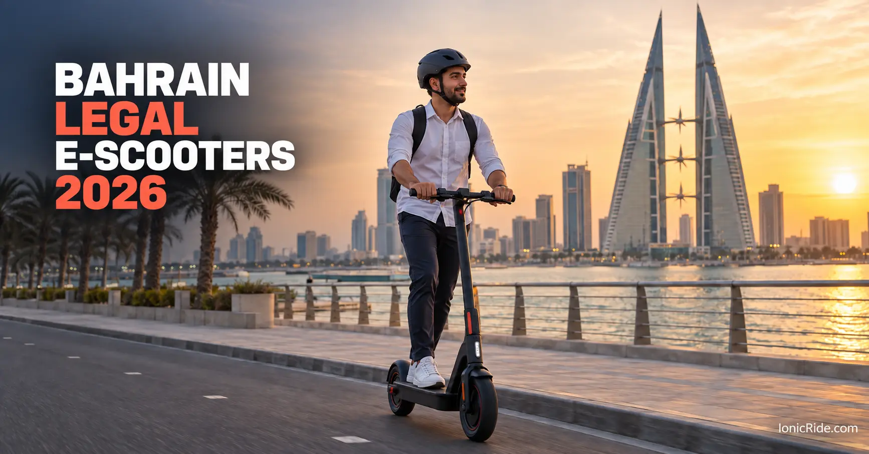 Helmeted rider on a 25 km/h electric scooter beside the Manama waterfront in Bahrain