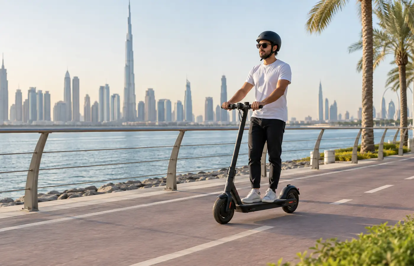 Safe long-range electric scooter riding in Dubai Helmeted rider on a long-range electric scooter on a Dubai cycling path