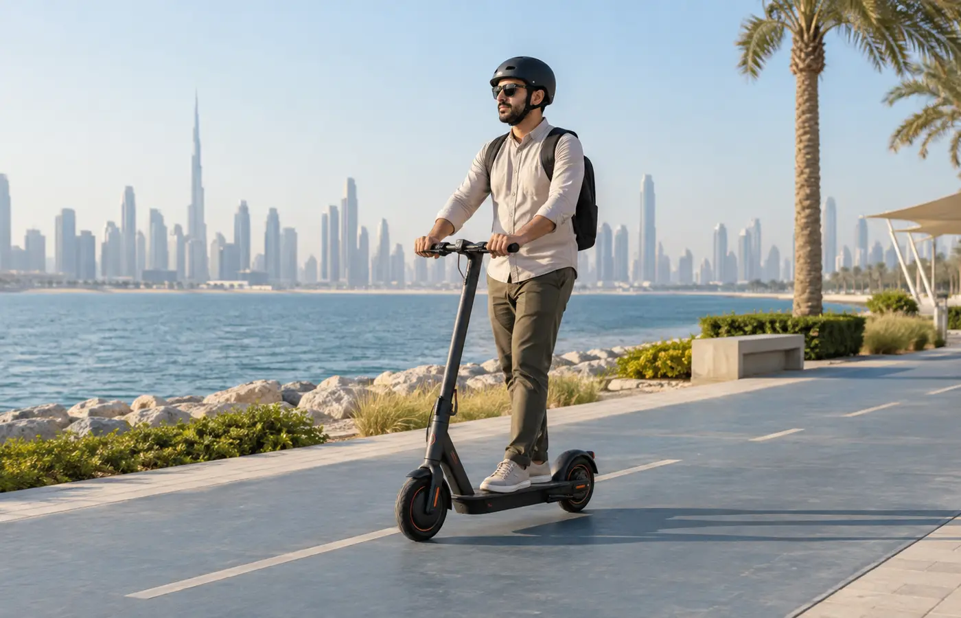 Helmeted electric scooter rider on a UAE cycling path