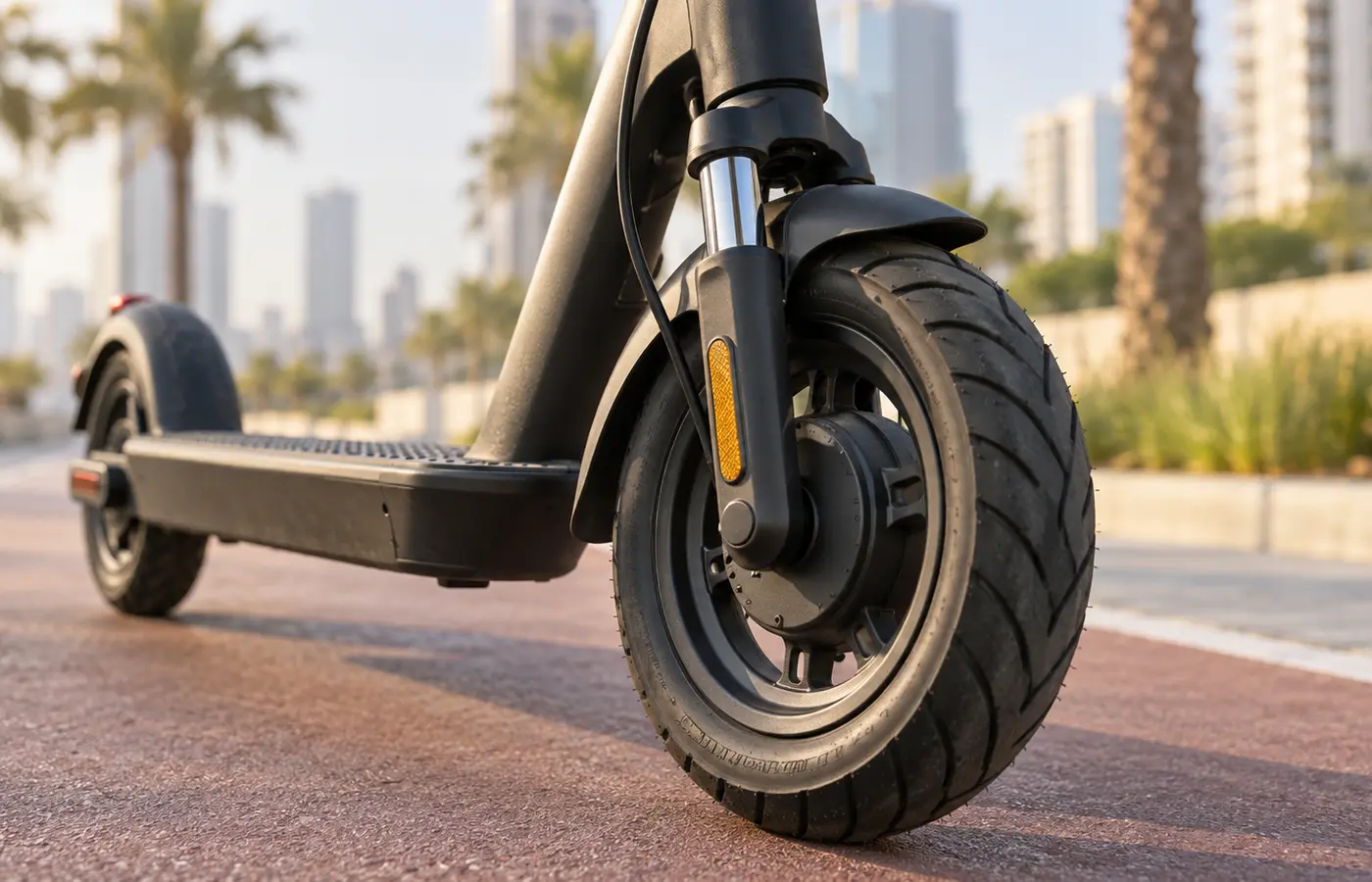 Xiaomi Scooter 6 tyre and front suspension detail