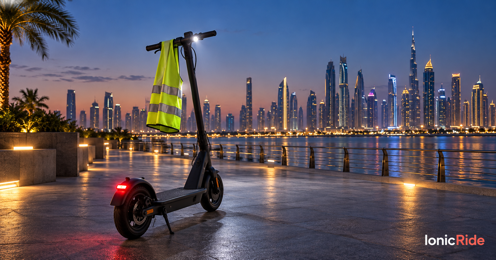 Parked electric scooter with front and rear lights and a reflective vest at dusk