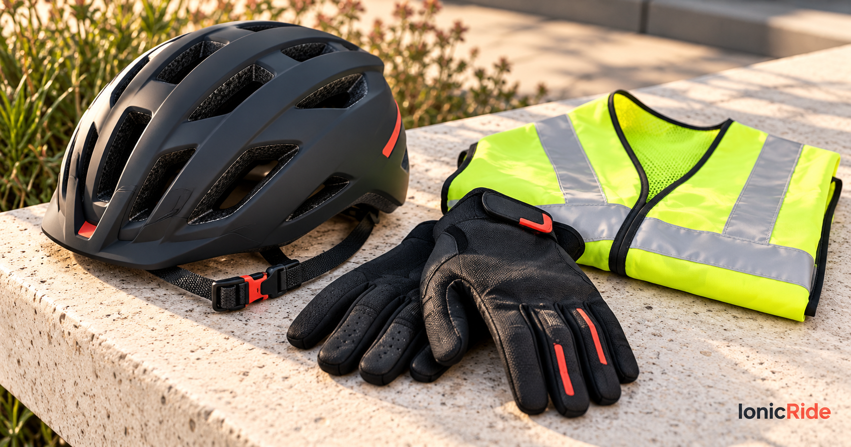 Black commuter helmet and riding gloves beside a reflective vest