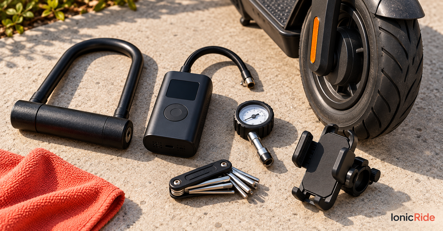 U-lock, portable tyre inflator, pressure gauge, multitool and phone mount beside a scooter wheel