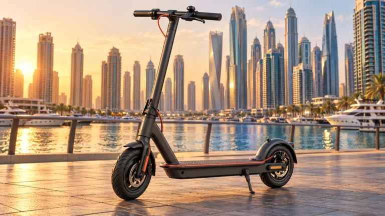 Generic charcoal electric scooter with coral details against the Dubai Marina skyline at sunset
