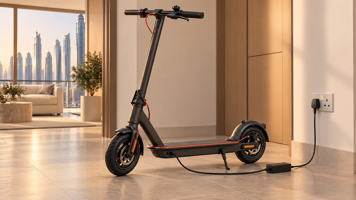 Generic electric scooter charging in a tidy indoor space with a clear walkway