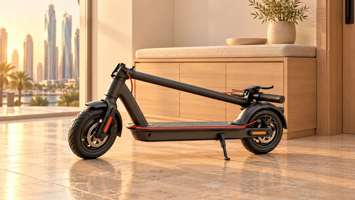 Folded generic electric scooter beside an apartment storage bench