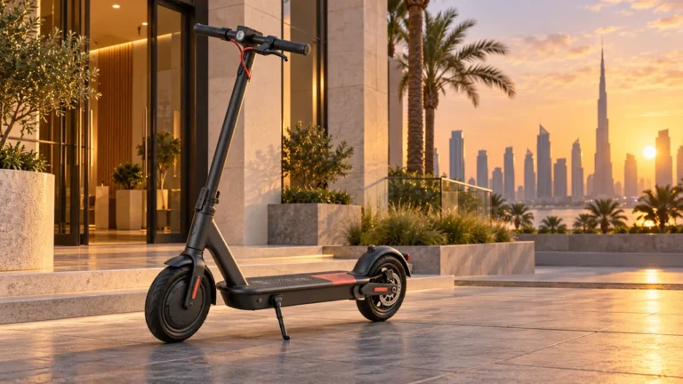 Generic charcoal electric scooter outside a UAE apartment at sunset