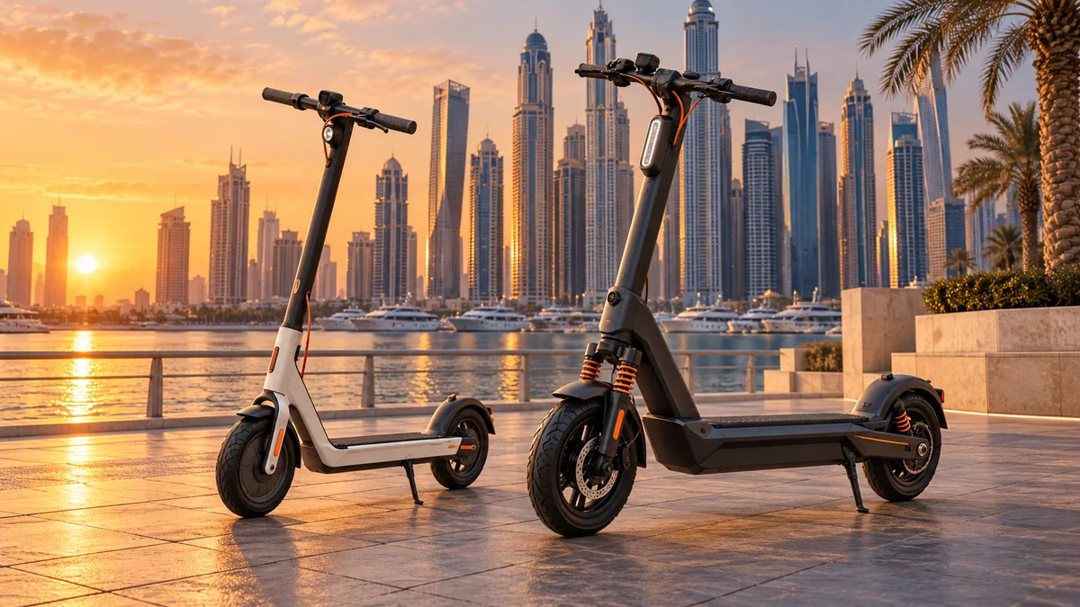 Two generic commuter electric scooters overlooking Dubai Marina at sunset
